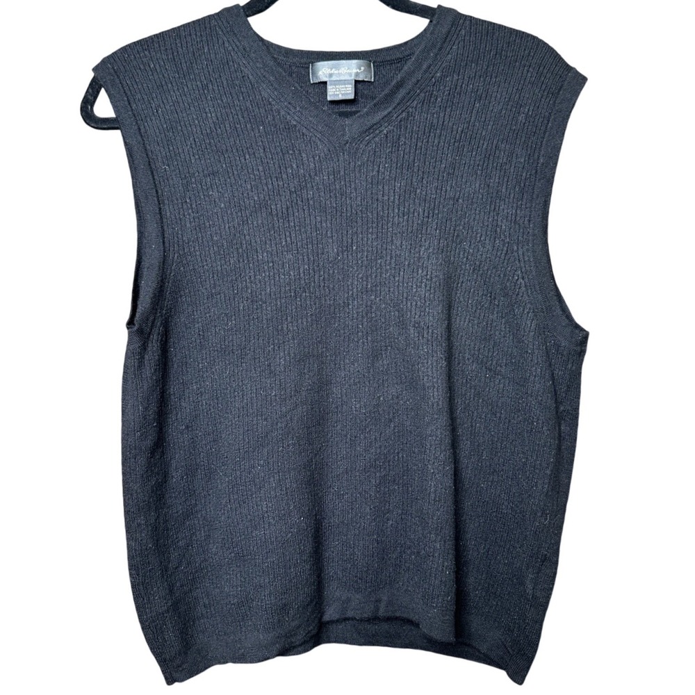 Eddie Bauer Merino Wool Mens V Neck Ribbed Sweater Vest Pullover Black Preppy Sm